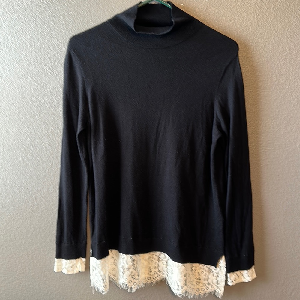 Joie Black Sweater with Cream Lace Trim